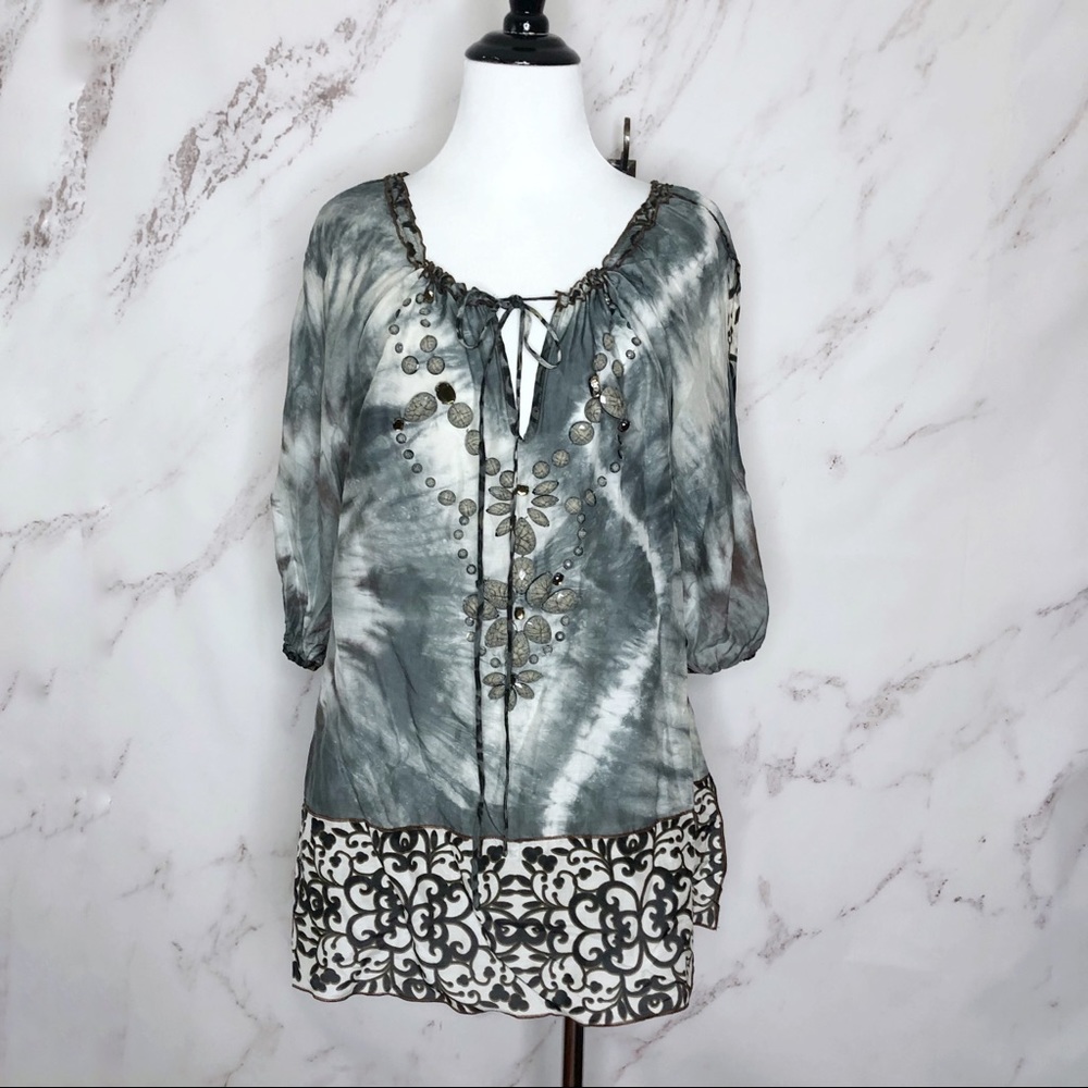 Hale Bob Cabana Tie Dye Silk Beaded Tunic Blouse